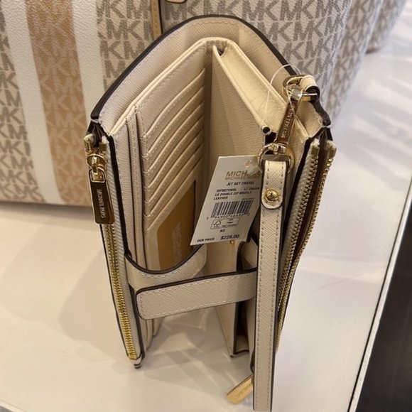 Michael Kors Jet Set Travel Large Double Zip Wristlet Wallet Light Cream Leather - Picture 12 of 16